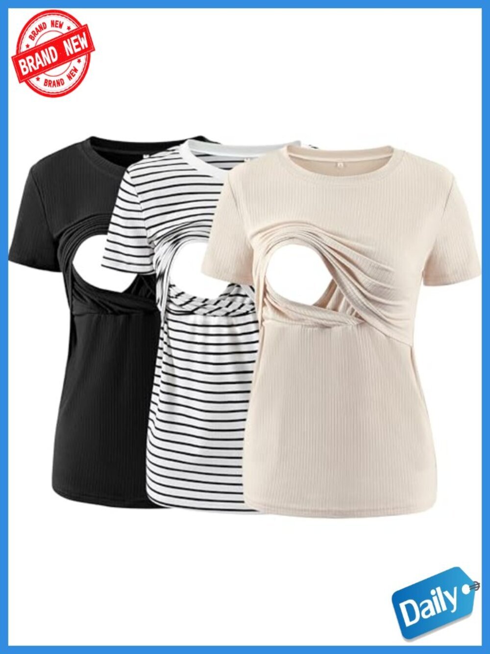 Maternity Nursing Tops 3-Pack Ribbed Short Sleeve Breastfeeding Shirts